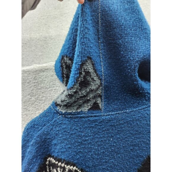 Handcrafted Blue Wool Blend Zip-Up Hoodie With Eagle Design Drawstring Hem - Picture 7 of 7